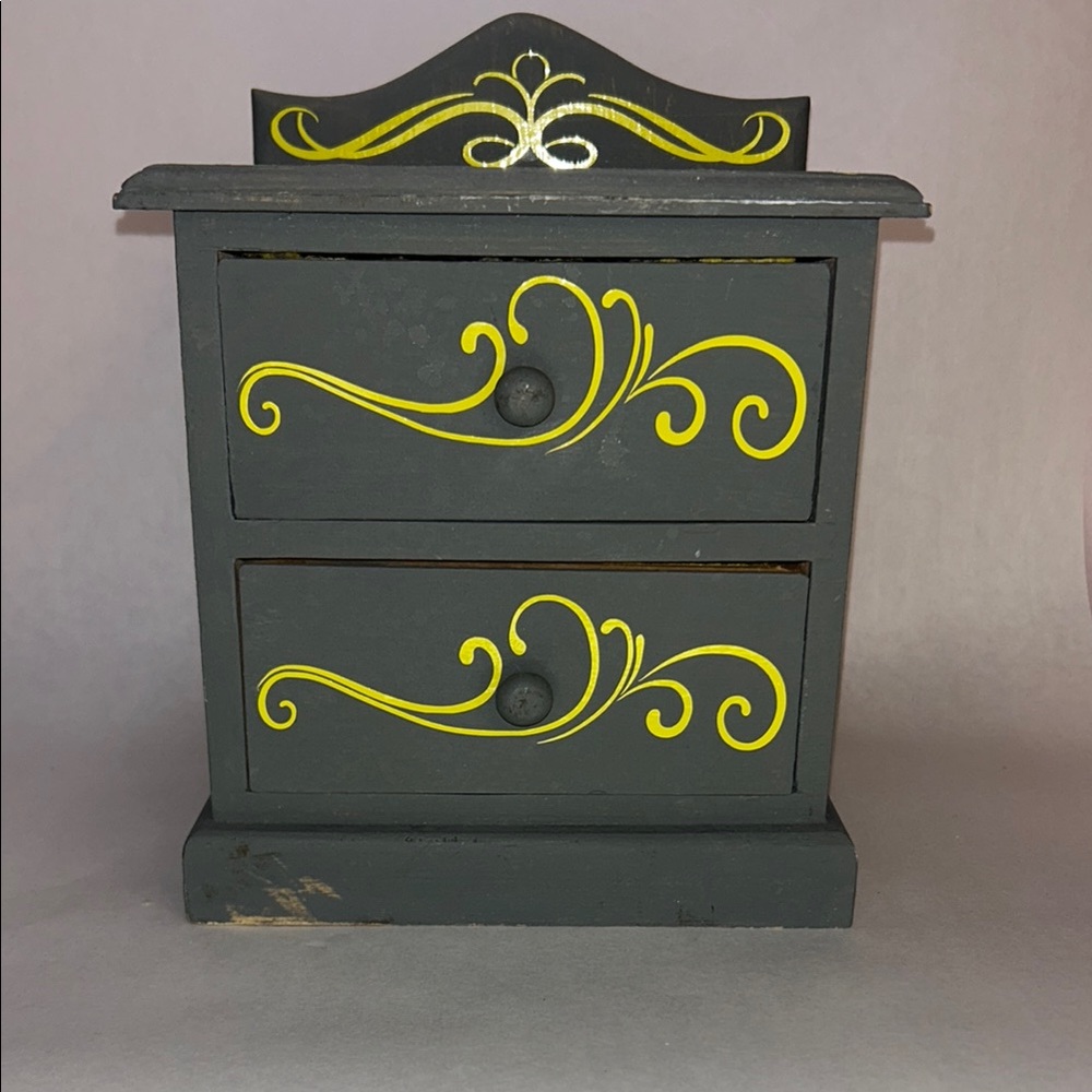 Hand-Made/Painted Gray Jewelry Box/Dollhouse 2 Drawer Dresser w/Neon Yellow Dsgn